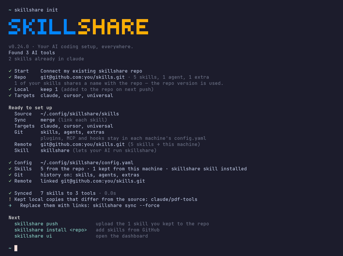 skillshare init connecting to an existing repo