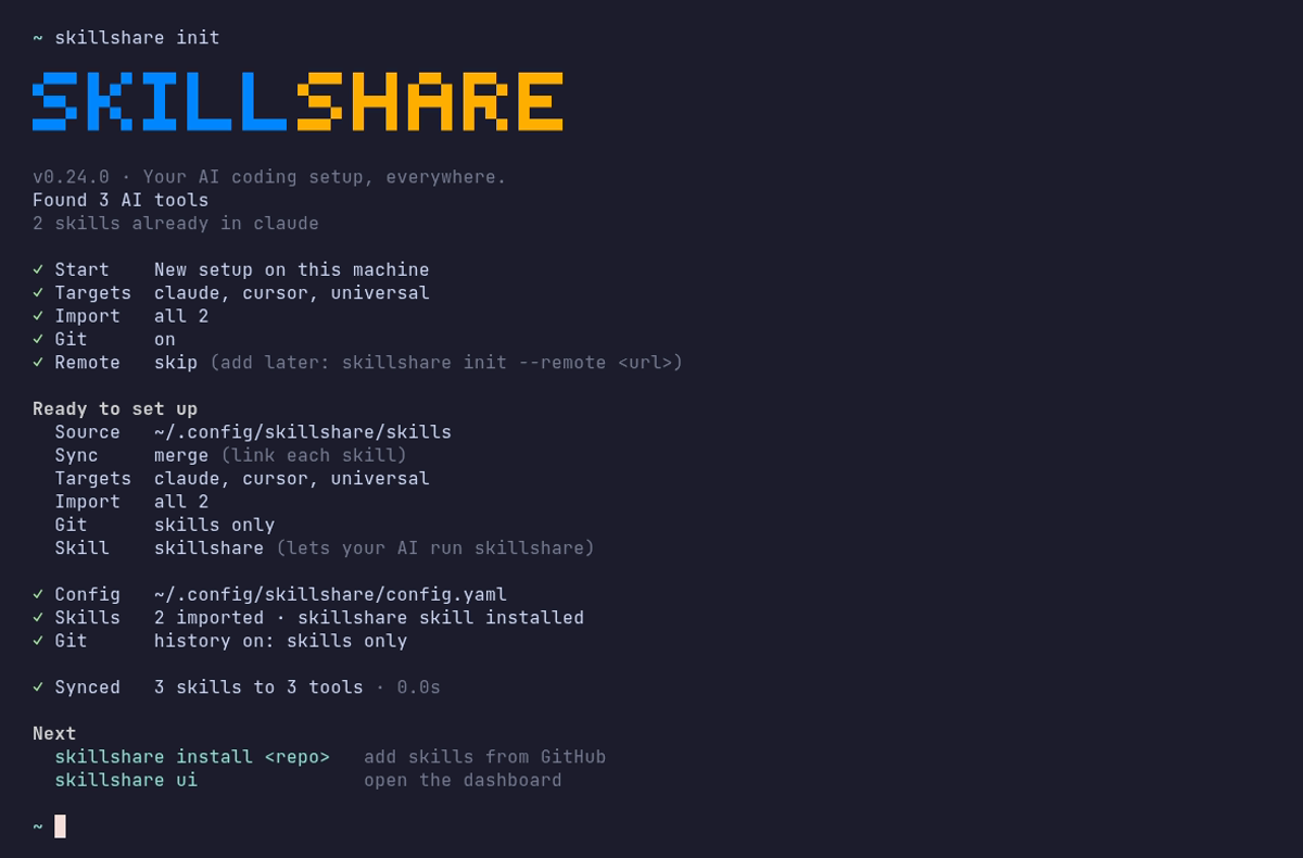 skillshare init: answered questions, the summary, and the first sync