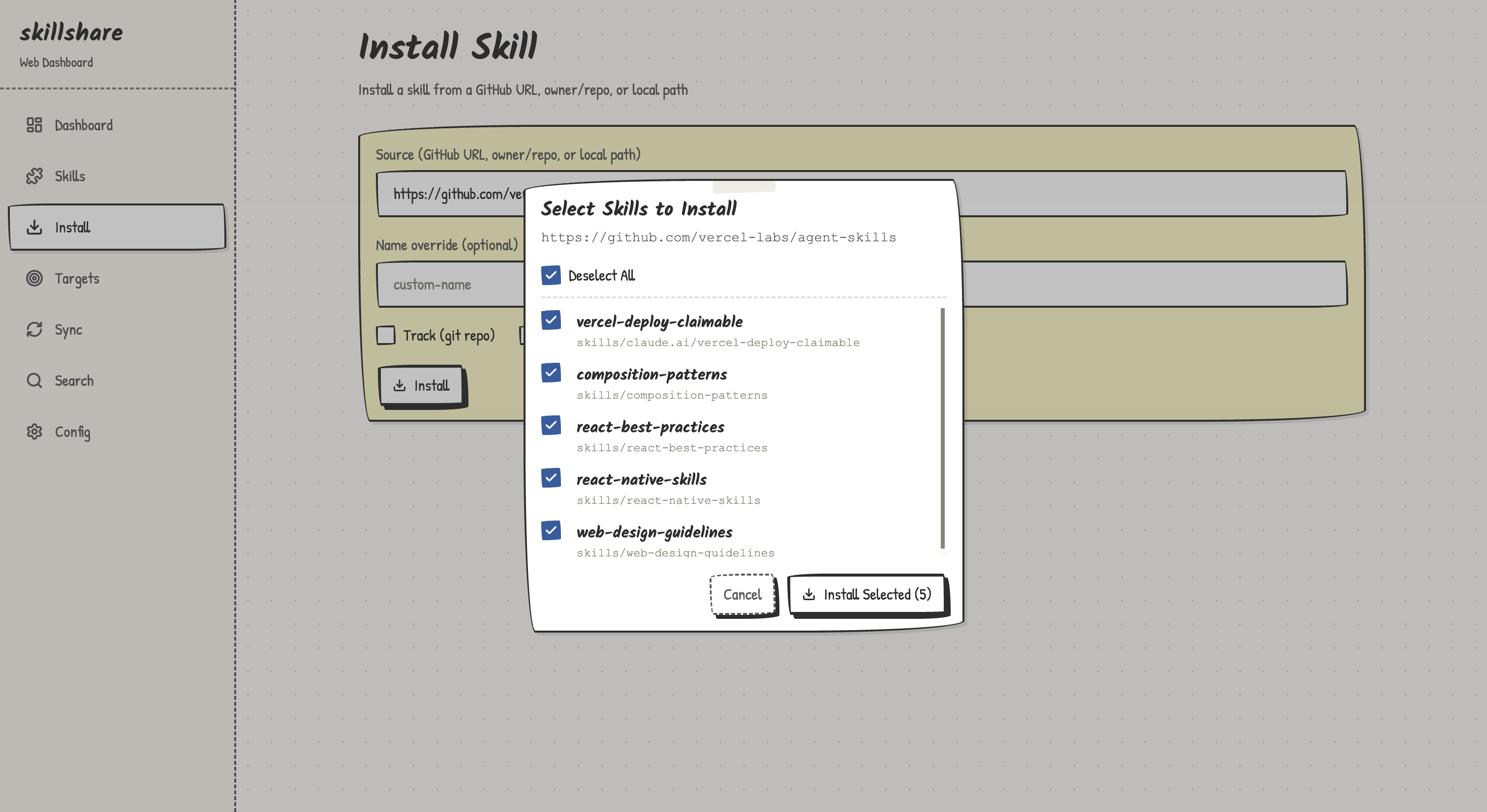 Web install flow for a selected skill