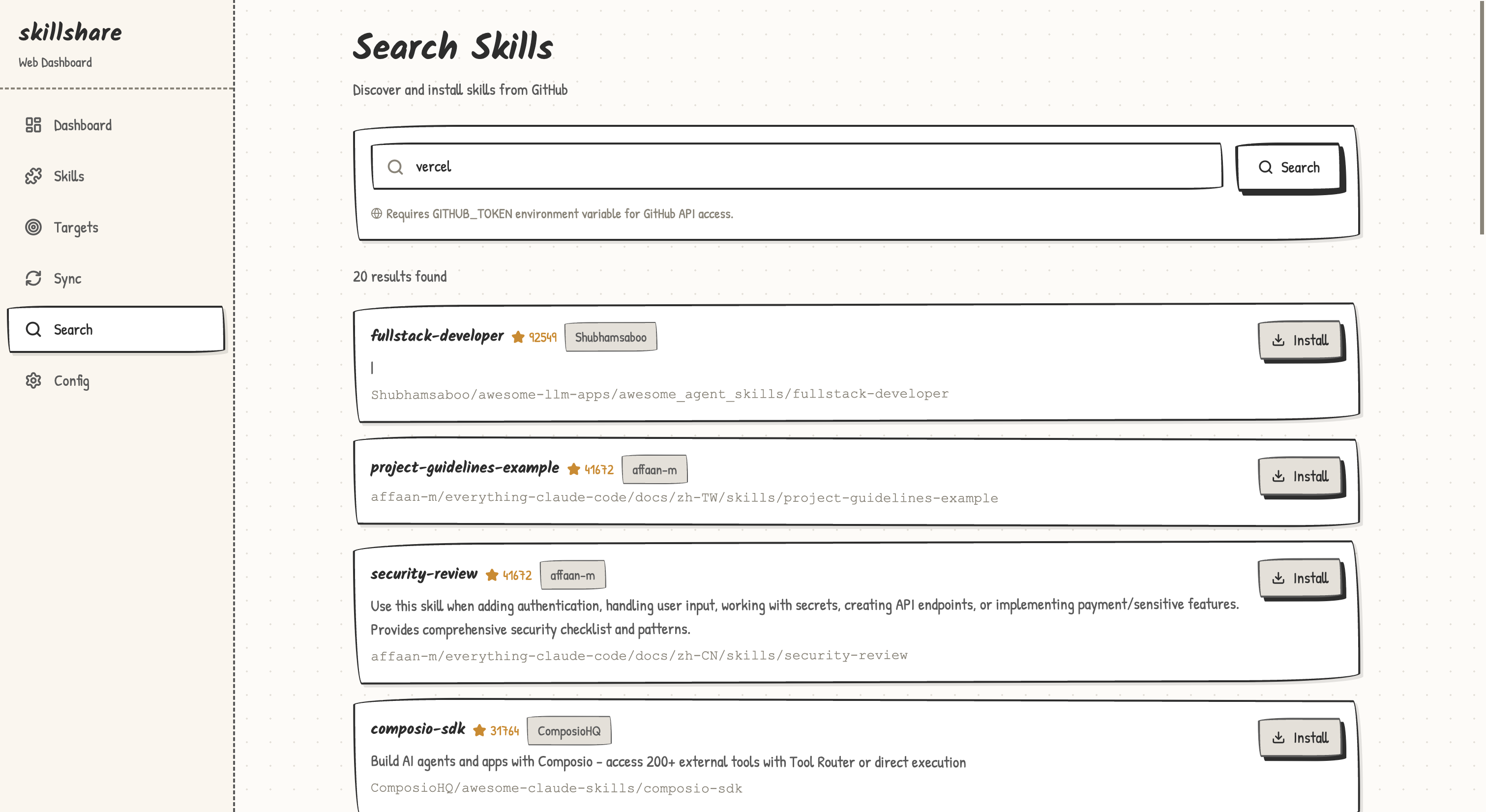 Web search page for GitHub skills