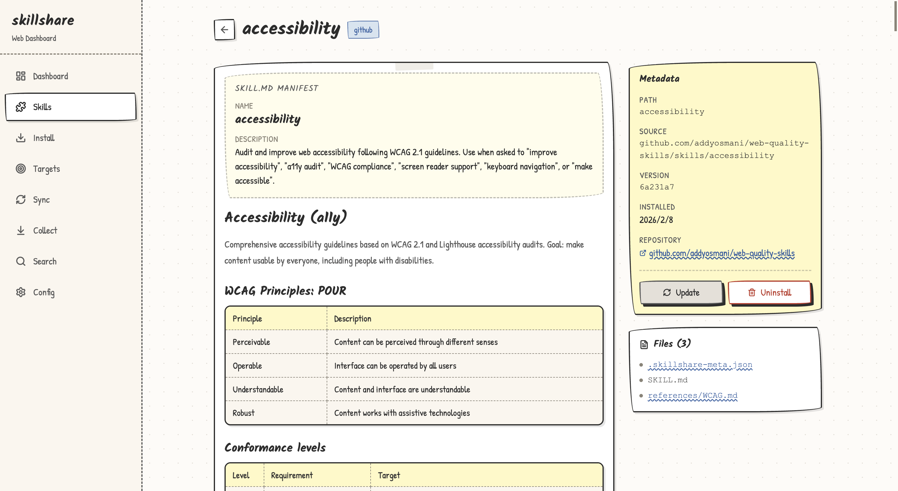 Web skill detail page showing SKILL.md content