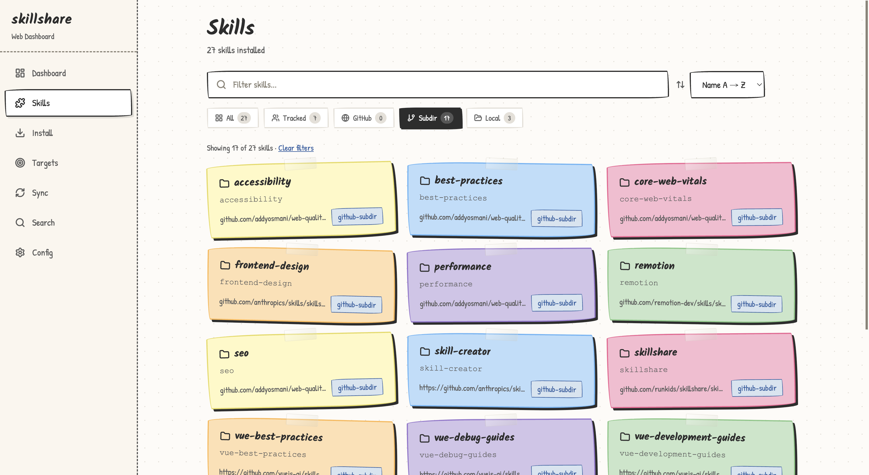 Web skills page listing installed skills