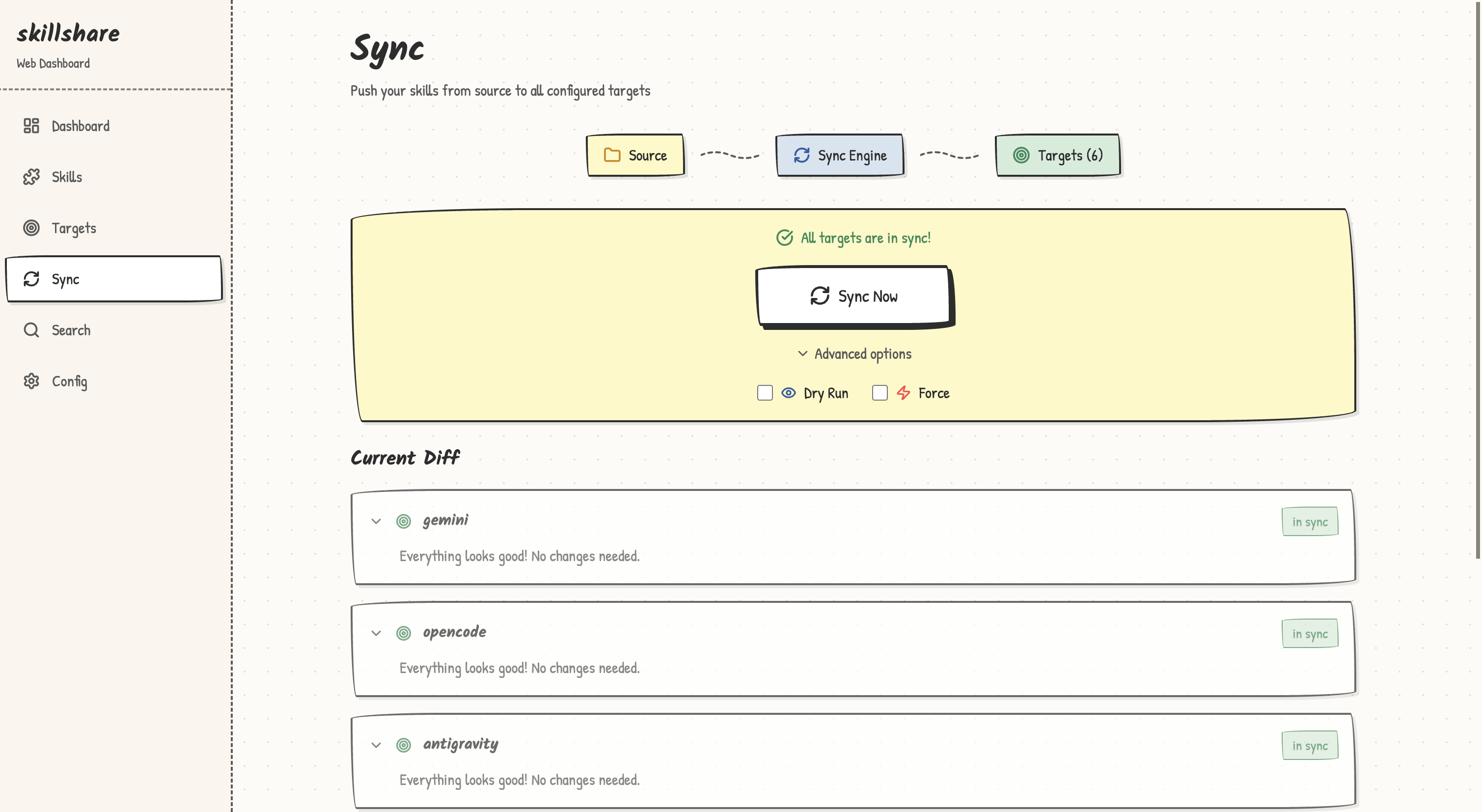 Web sync page with dry-run and force controls