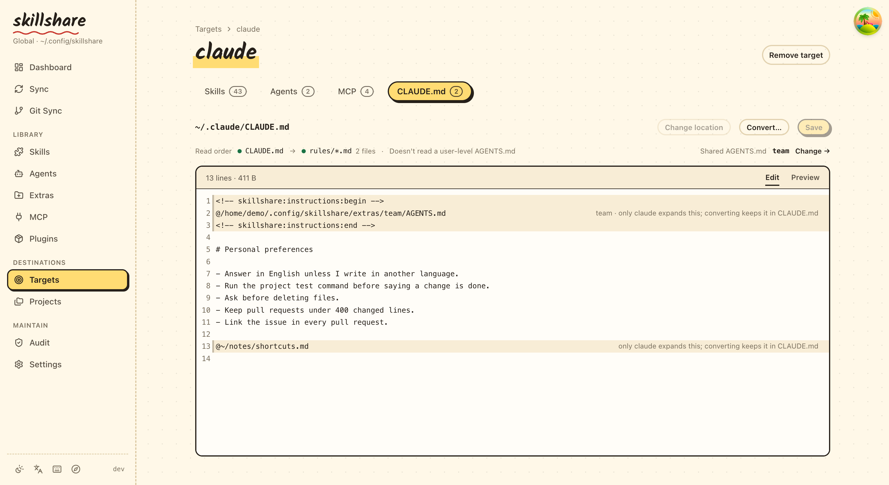 claude target 的 CLAUDE.md 标签页:读取顺序、编辑器与 import 提示