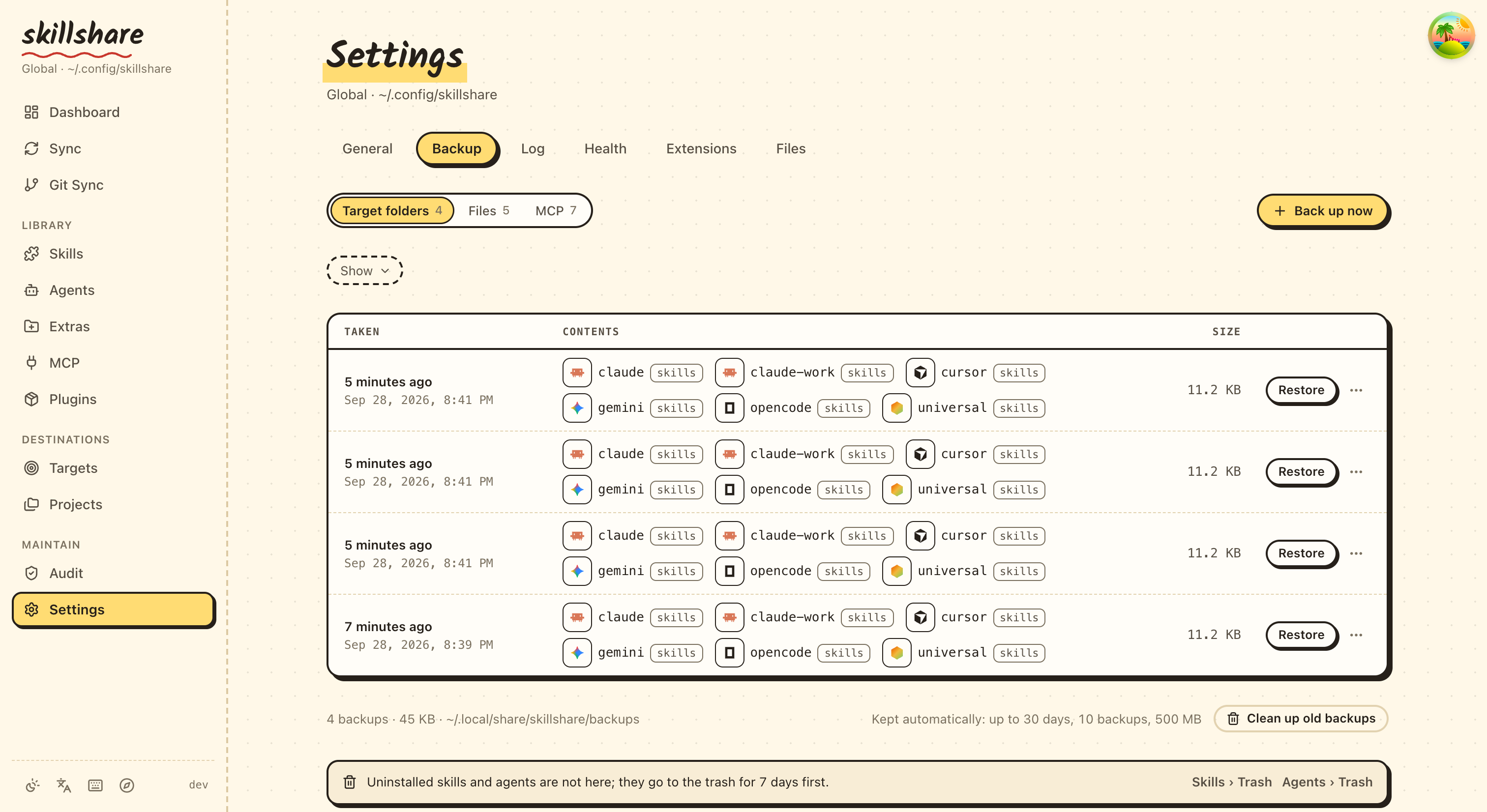 Settings › Backup › Target folders:快照清單與還原操作